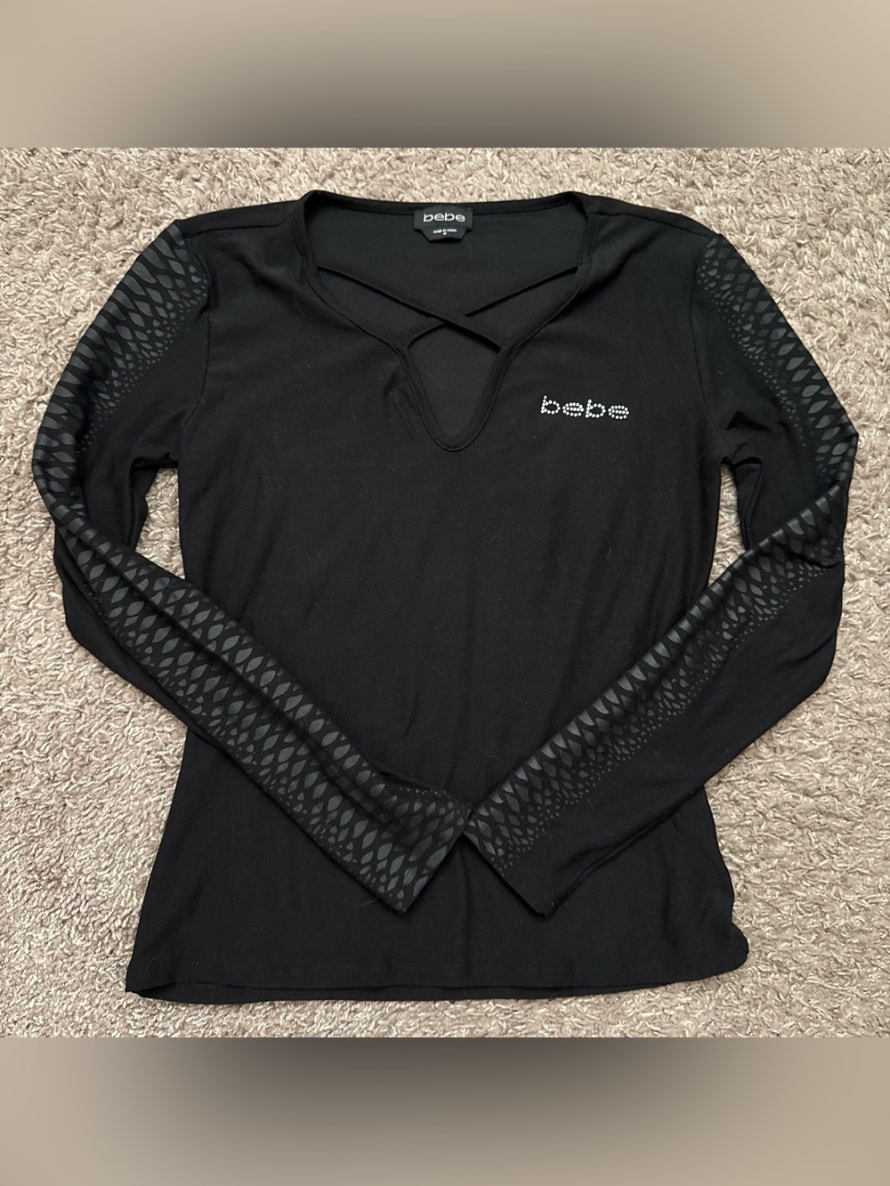 Bebe Black Long Sleeve Crisscross Rhinestone Logo Top